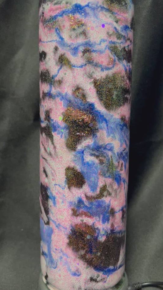 M110 30oz Pink Glow with blue and white on gold glitter